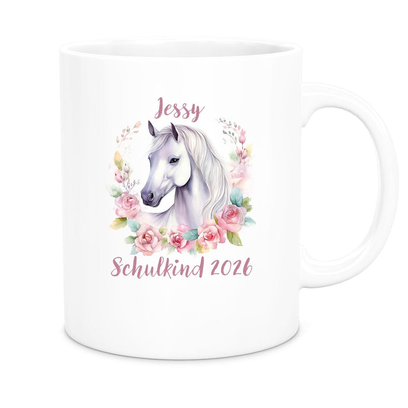 Tasse Schulkind 14 Wunschname Pferd1 Keramik Kinderbecher Personalisiert versch. Farben