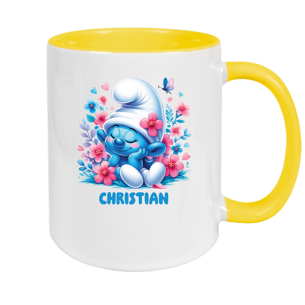 Tasse Kinder Schlumpf 1 mit Blumen Wunschname Keramik Kinderbecher personalisiert versch. Farben