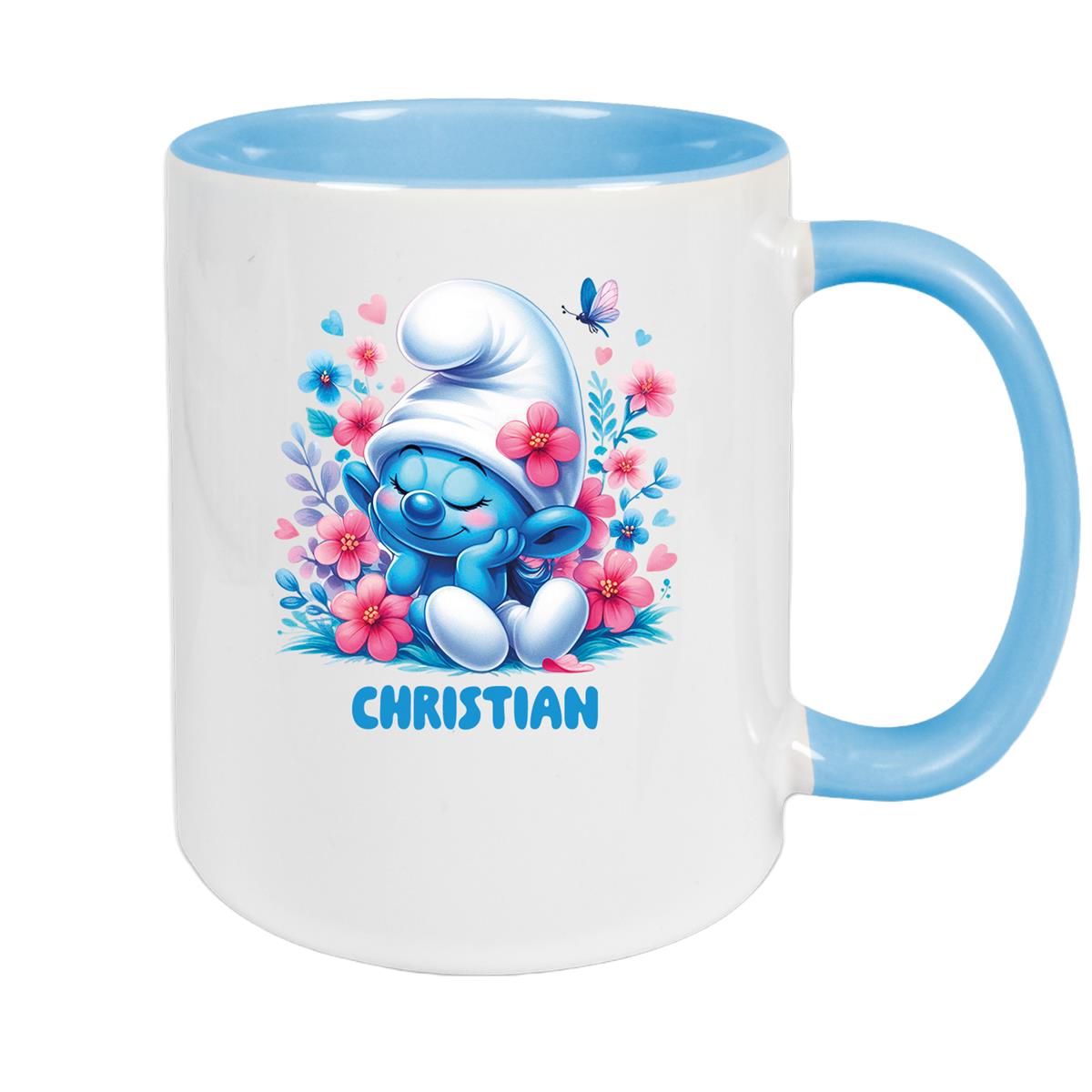 Tasse Kinder Schlumpf 1 mit Blumen Wunschname Keramik Kinderbecher personalisiert versch. Farben