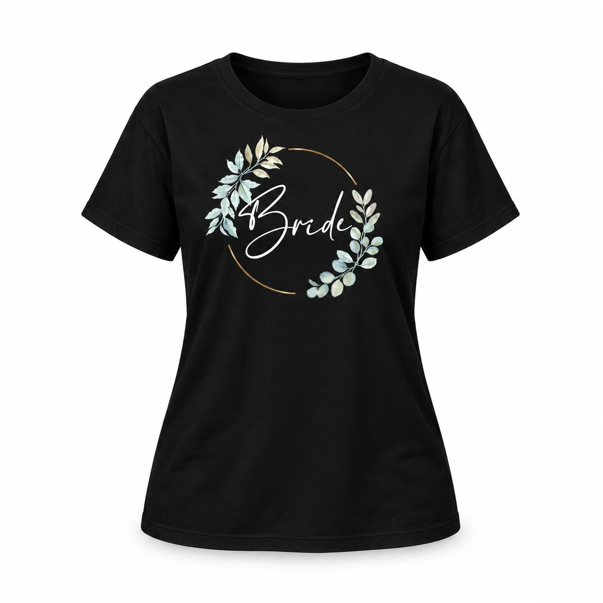 MUCKKI-PRO:92dcf297b425a7df5d31d1e31a9adb32fb5fe66546215679a55f634c41536be6:T-Shirt Bride & Team-Bride 02-Eukalyptus – Damen-Shirt für den Junggesellinnenabschied – Bride / Schwarz / S