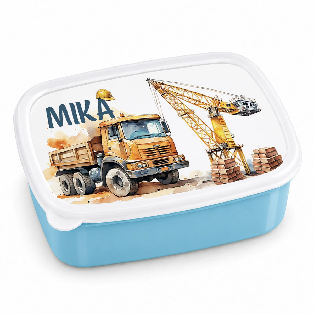 MUCKKI-PRO:7ef7bf6b70985d07863222cc5429ee2796cb75c2038573a9cffbf6218e9ff7a6:Brotdose mit Namen Baufahrzeuge 01 – Personalisierte Lunchbox für Schule & Kindergarten versch. Farben – Blau