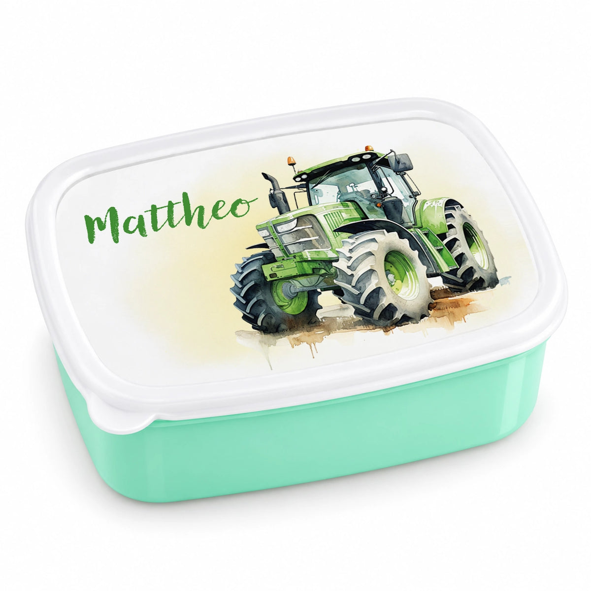 MUCKKI-PRO:fa1766ae6383e20c4a3a60d2db67fef2c1630e6caf8924ba0ba63f8116f6b86c:Brotdose mit Namen Traktor 01 – Personalisierte Lunchbox für Schule & Kindergarten versch. Farben – Grün
