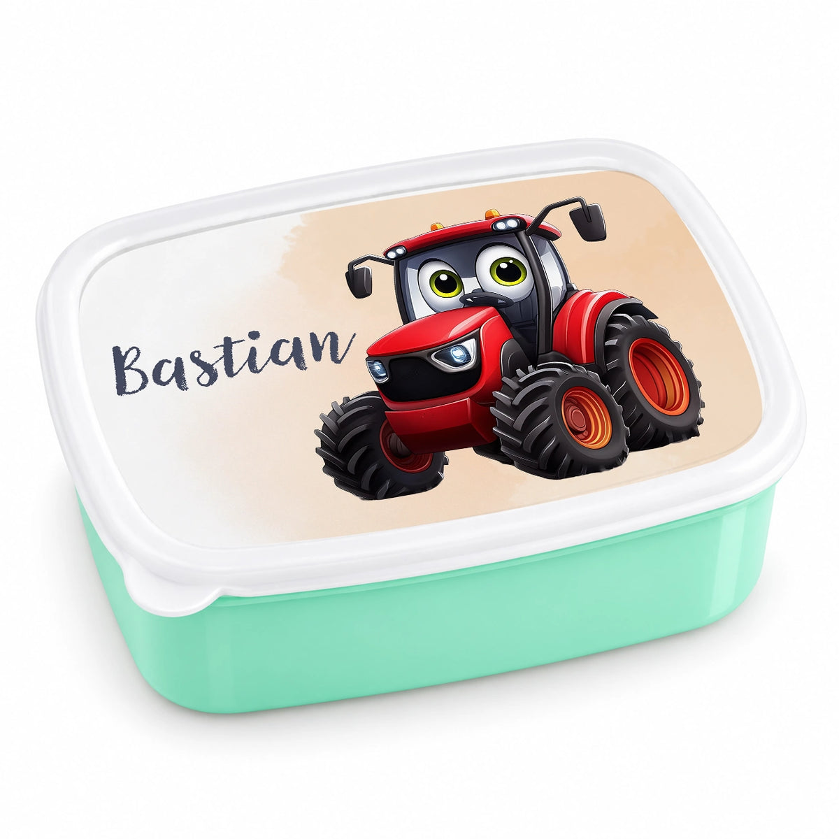 MUCKKI-PRO:38e6adbf743f7aff68114705a8c1611e9352b9a7ae62325c5f3c1af39dfa5739:Brotdose mit Namen Traktor 03 – Personalisierte Lunchbox für Schule & Kindergarten versch. Farben – Grün