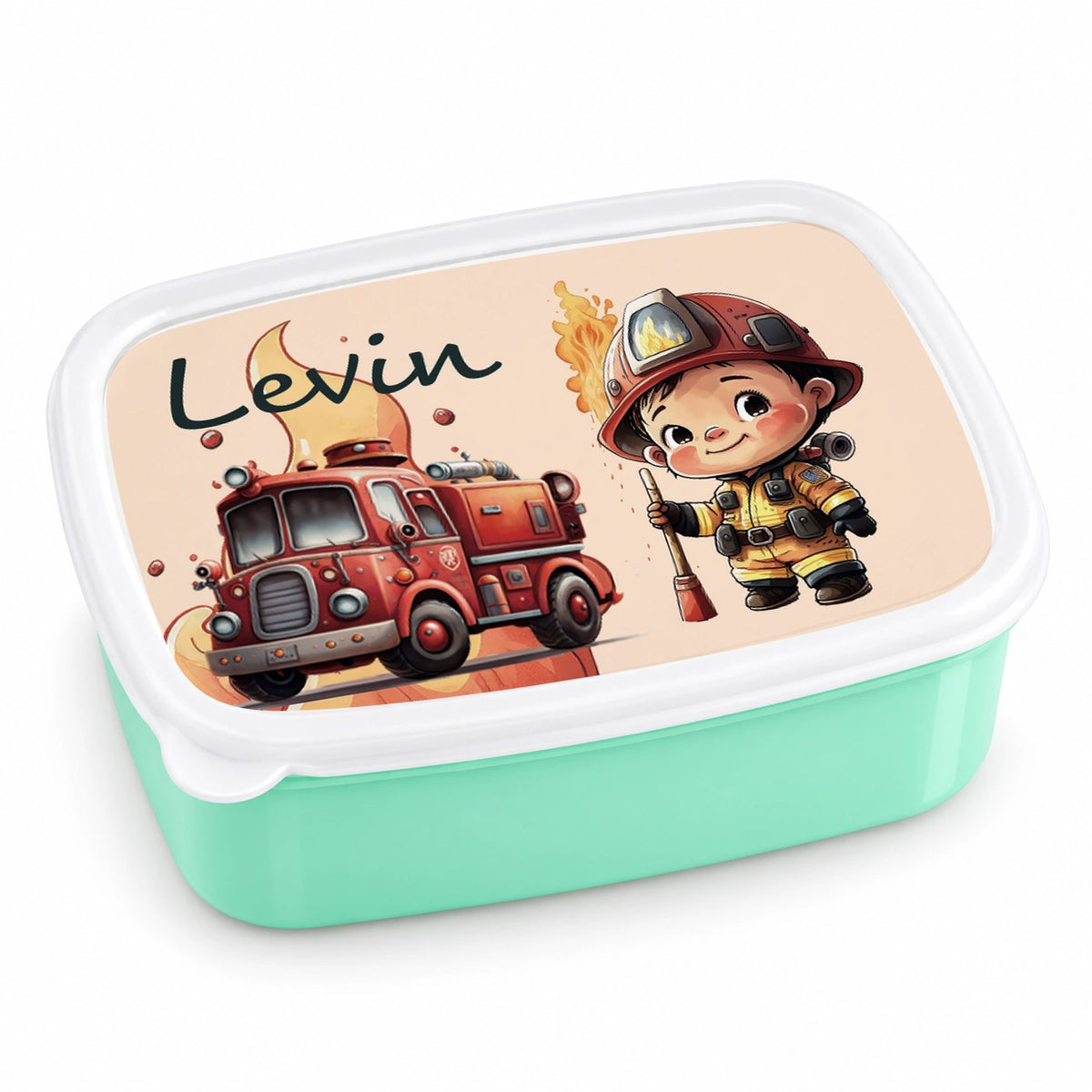 MUCKKI-PRO:10f01b19f6d93adf1ba1bc07803e261a66f98931ba8b10f7402e3b8133acd56e:Brotdose mit Namen Feuerwehr 01 – Personalisierte Lunchbox für Schule & Kindergarten versch. Farben – Grün