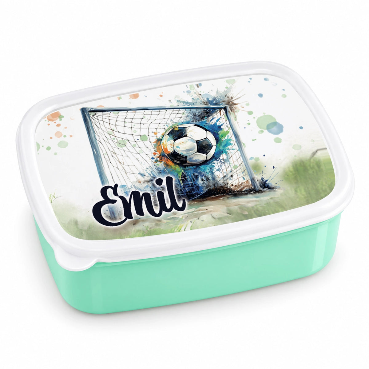MUCKKI-PRO:49ac6185fe931bbdba99a8578fb56f1d9d8157d110a5dccefd389eee95e5394f:Brotdose mit Namen Fußball 09 – Personalisierte Lunchbox für Schule & Kindergarten versch. Farben – Grün