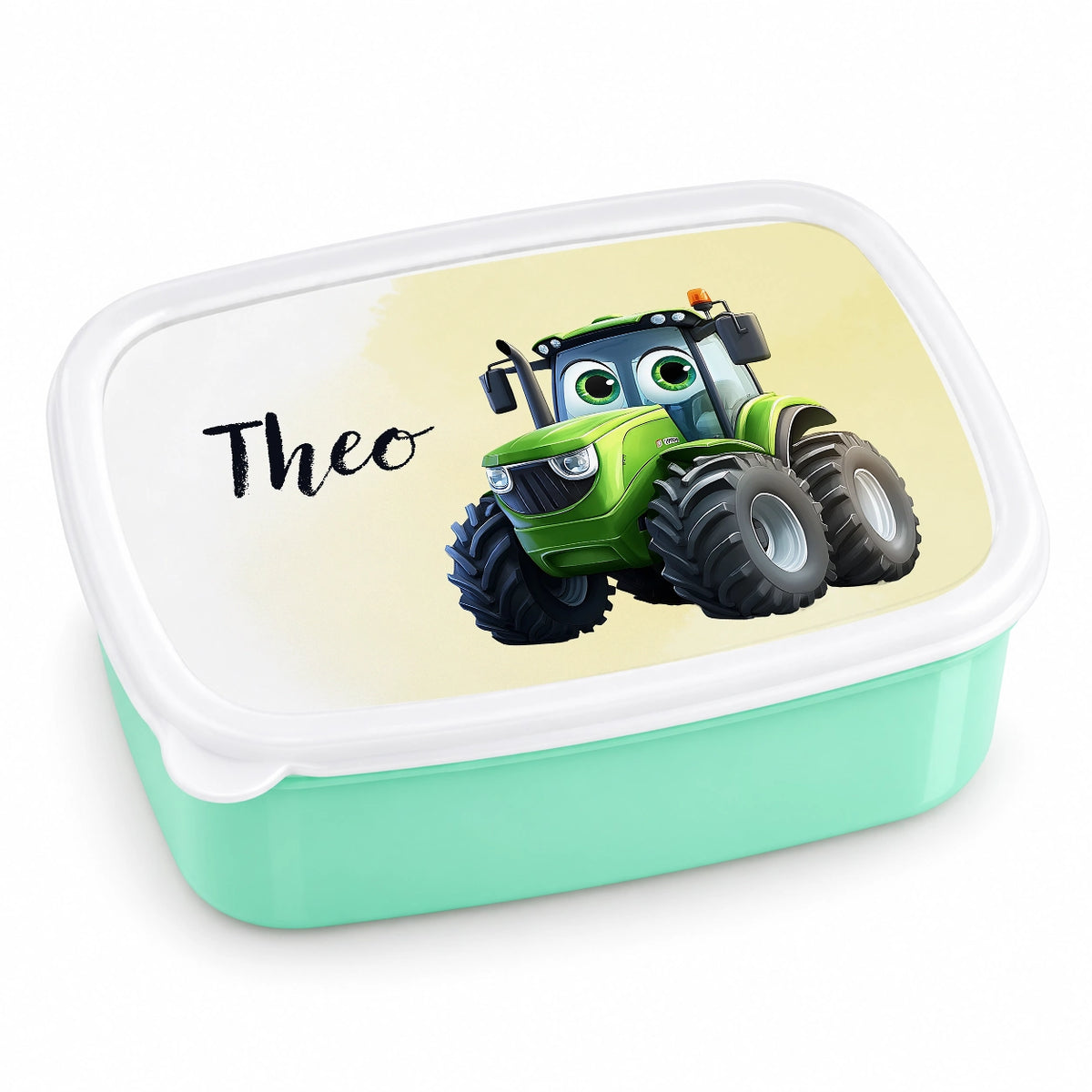 MUCKKI-PRO:ebe52f597671a792efc2bd4ea8a4662386ea401928fa49aedc1ce24282ba6695:Brotdose mit Namen Traktor 02 – Personalisierte Lunchbox für Schule & Kindergarten versch. Farben – Grün