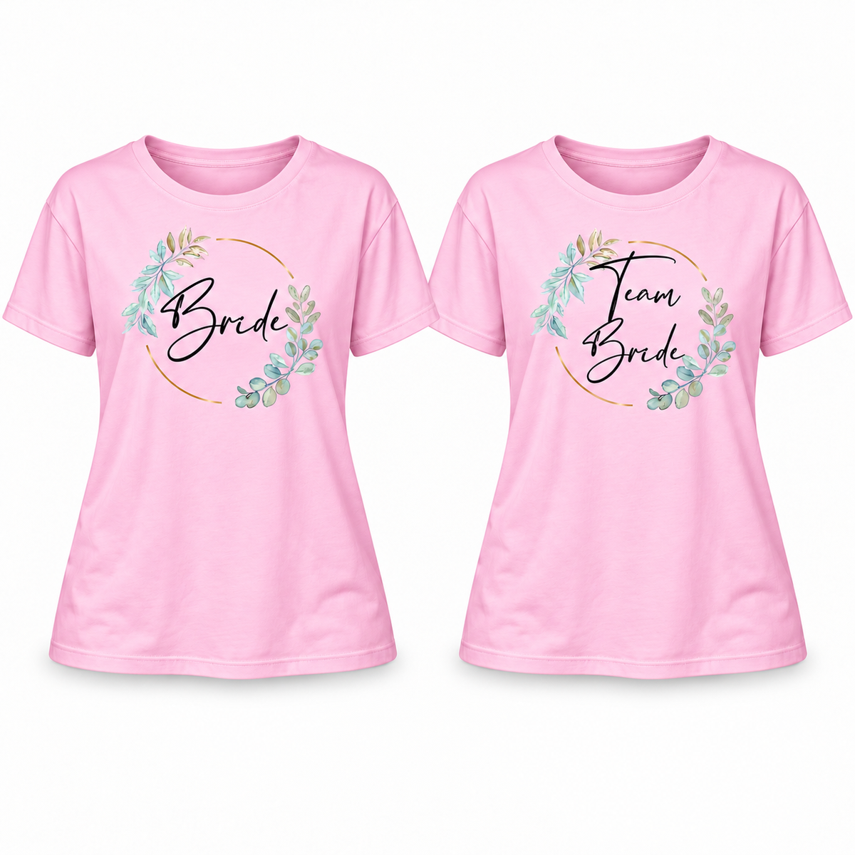 MUCKKI-PRO:03256f43de85175f4183147a8d73c9eaff9333b8baf0f8493e01e9e83d4f372f:T-Shirt Bride & Team-Bride 02-Eukalyptus – Damen-Shirt für den Junggesellinnenabschied – Bride / Pink / S