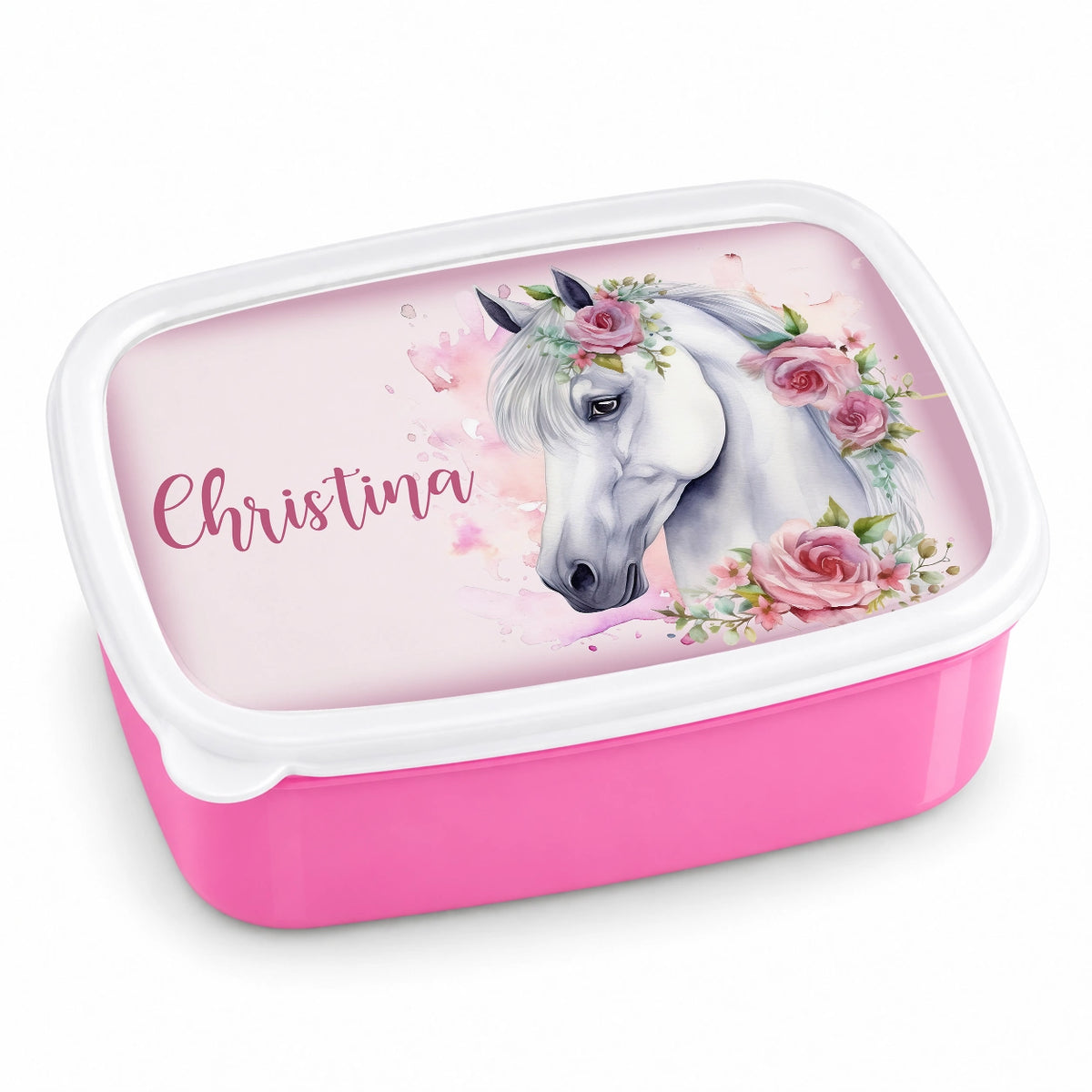 MUCKKI-PRO:dda7d3b5dd396fa5bb0299f0a7da0ce46c24cd1d409abb086817aff917b2b675:Brotdose mit Namen Pferd 01 – Personalisierte Lunchbox für Schule & Kindergarten versch. Farben – Pink