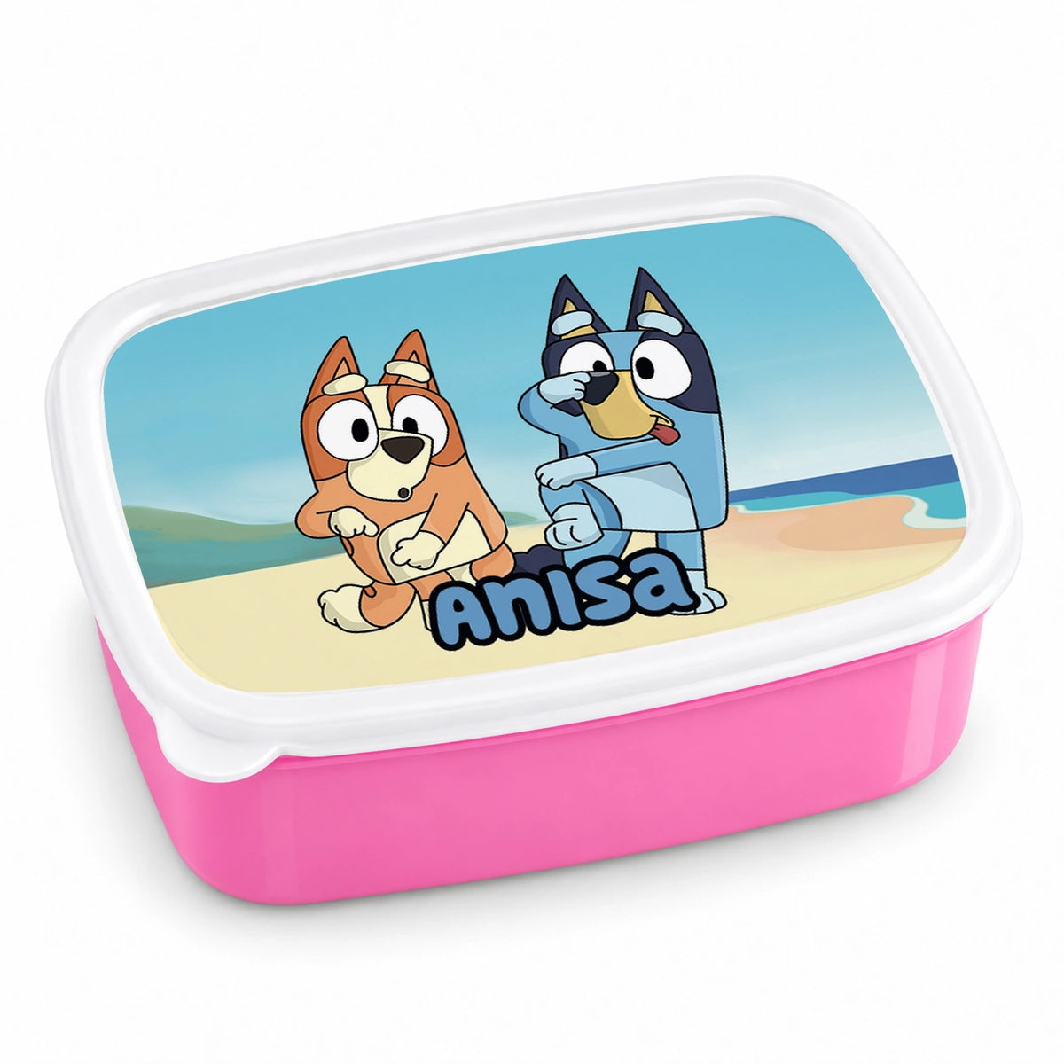 MUCKKI-PRO:53dfb601459da0fb26f830bbbf01aefba9bb7bfd9d904c73fd2f4073018d0645:Brotdose mit Namen Bluey 03 – Personalisierte Lunchbox für Schule & Kindergarten versch. Farben – Pink