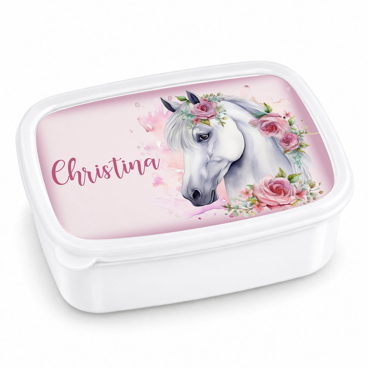 MUCKKI-PRO:6d1ee1ddeb5fca4c77e44aa8f1bd3fd8ed40f1da43cf88a1861db3f0411c7356:Brotdose mit Namen Pferd 01 – Personalisierte Lunchbox für Schule & Kindergarten versch. Farben – Weiß