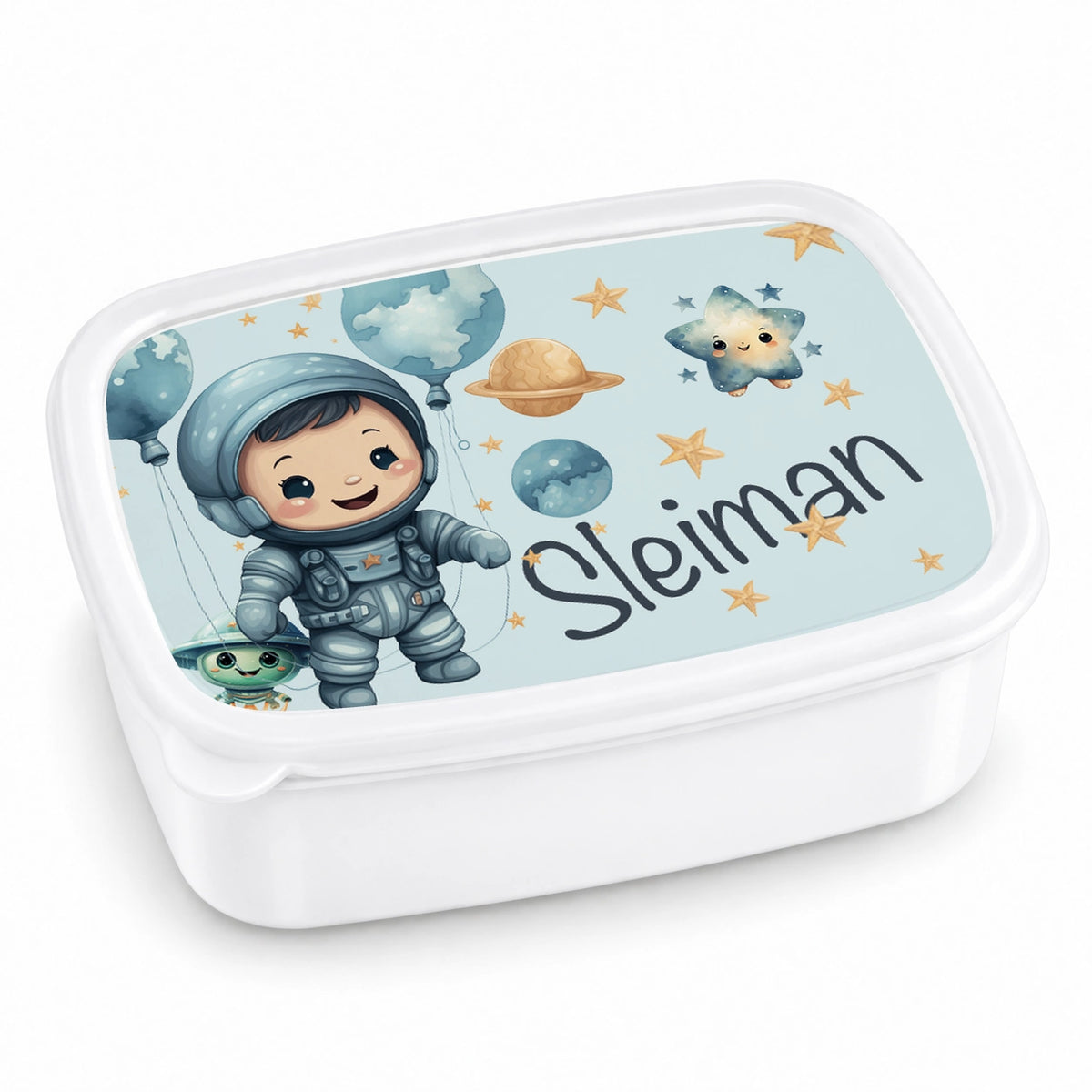 MUCKKI-PRO:4a856c96b67b93d1a2337251ed4c29ca28c74d5b6a376a59b19b4f7612307440:Brotdose mit Namen Astronaut 01 – Personalisierte Lunchbox für Schule & Kindergarten versch. Farben – Weiß