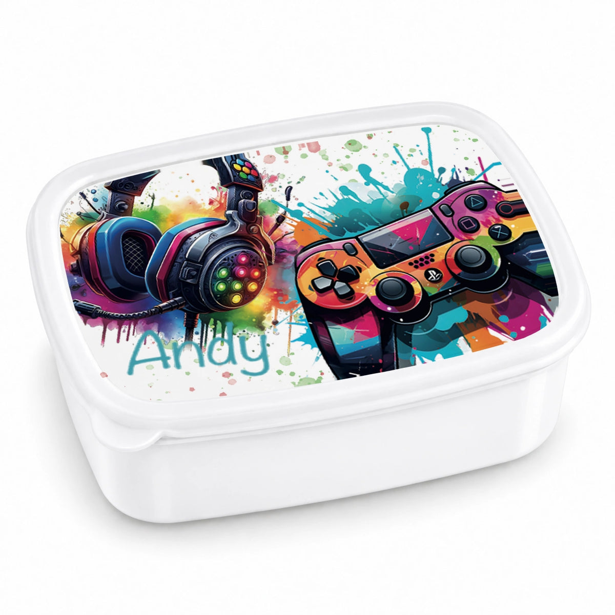 MUCKKI-PRO:d4fc7c2185ade61b87a1bc4e333d662be6218c988ba494c451b7a9e405cb8299:Brotdose mit Namen Gamer 03 – Personalisierte Lunchbox für Schule & Kindergarten versch. Farben – Weiß