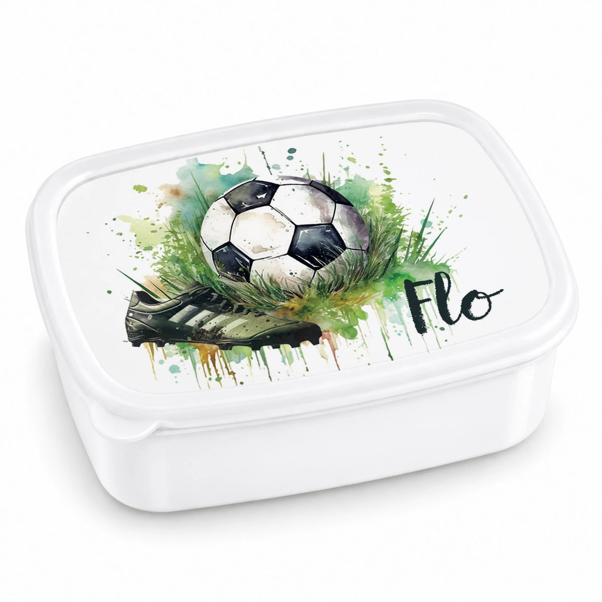MUCKKI-PRO:39a562a5e9fd9a7e0d4fb400bd0dfb4308815ba88840066cf5cea7f56a60e4b9:Brotdose mit Namen Fußball 04 – Personalisierte Lunchbox für Schule & Kindergarten versch. Farben – Weiß