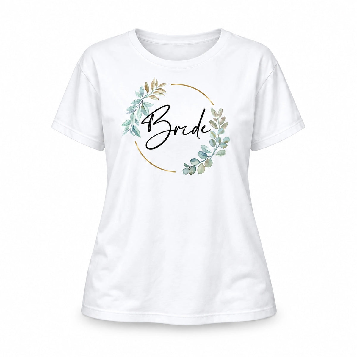 MUCKKI-PRO:42a7f290c9d4bc658d6cd382bd23fa3c91c81fb5e8e8e65466e90af69126aa2b:T-Shirt Bride & Team-Bride 02-Eukalyptus – Damen-Shirt für den Junggesellinnenabschied – Bride / Weiß / S