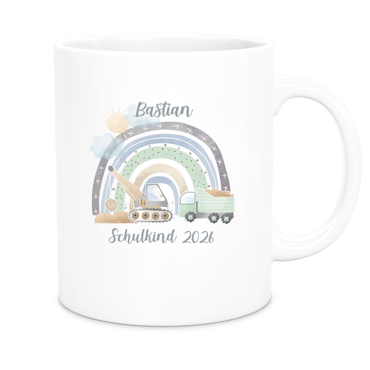 MUCKKI-PRO:f6313bc1778fe940999fe89327cddad015ada94c962be86c35a64e5b51d27747:Tasse Schulkind 08 Wunschname Rainbow Baustelle Keramik Kinderbecher Personalisiert versch. Farben