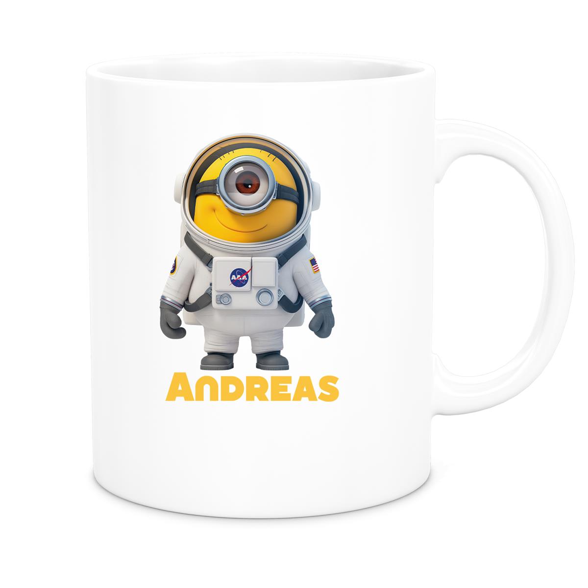 MUCKKI-PRO:881c0eba56d8fc5e30fe4d6f094278543a51d1938abd885883998dcf92a7ab23:Tasse Minions Kinder Minion 3 Astronaut Wunschname Keramik Kinderbecher personalisiert versch. Farben