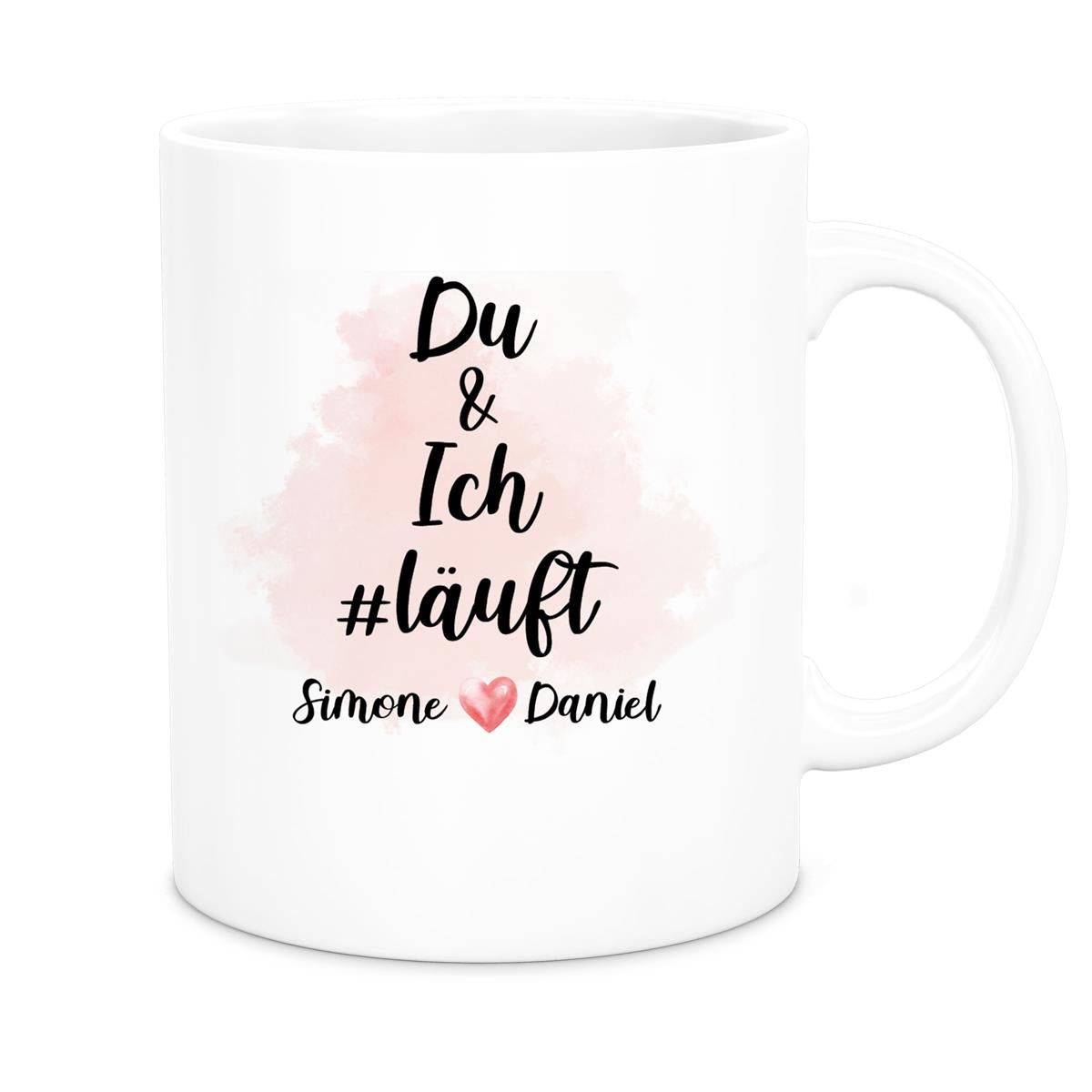 MUCKKI-PRO:1cf05ffbdf3657d9005e3742cec0ebf1d3c8a197fac59a10f043cc14c9be7f6f:Tasse Spruch "Du & Ich Läuft" Valentinstag 8 Wunschnamen Keramik personalisiert versch. Farben