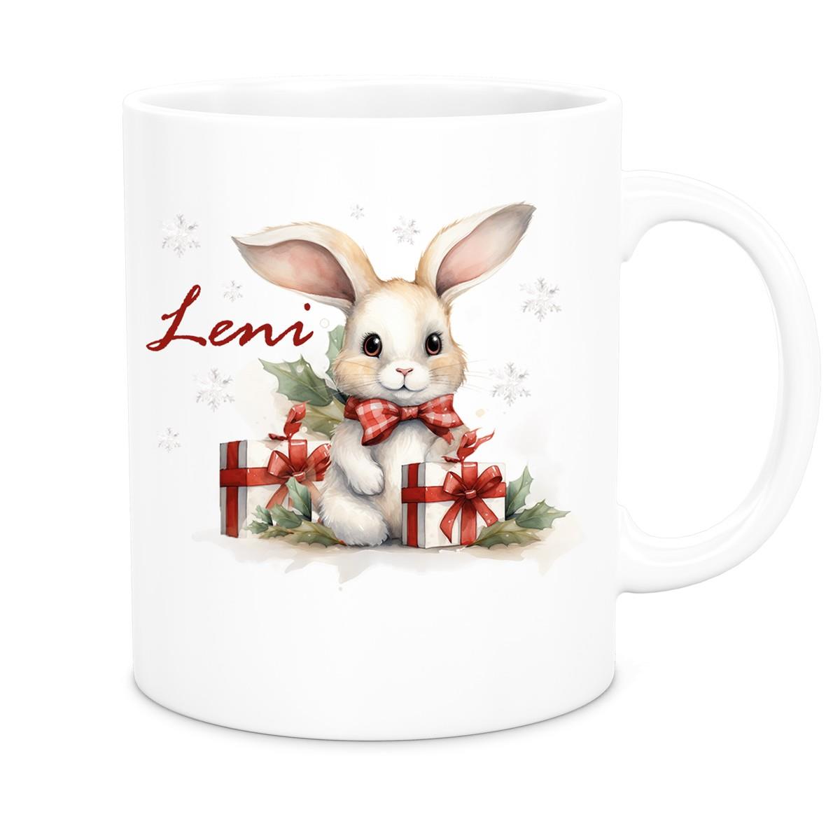 MUCKKI-PRO:77318250a829923be46e3b0bba3da03172f49bf73d067ea923c671a61877d967:Tasse Wunschname Weihnachten Hase Sterne Keramik Kinderbecher versch. Farben