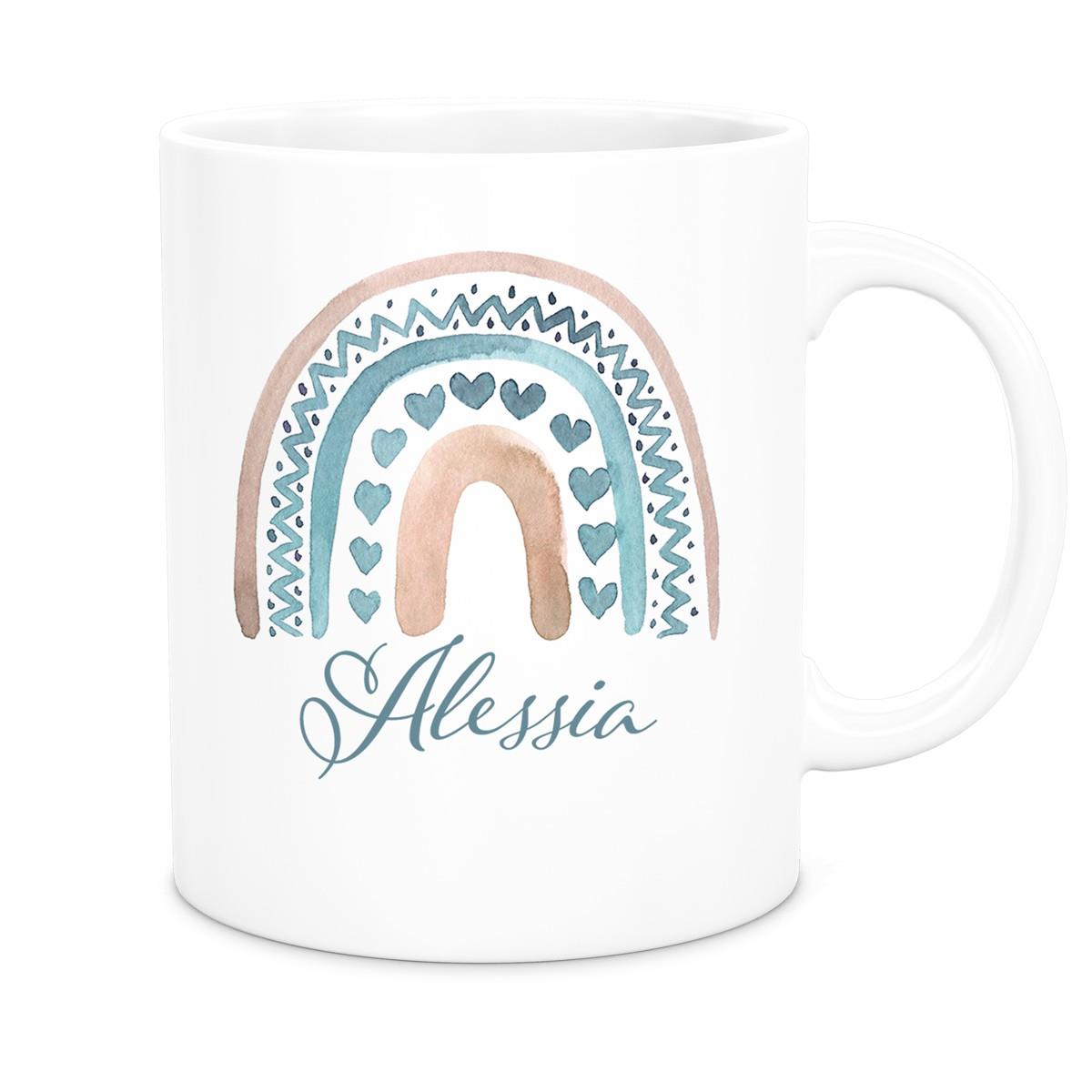 MUCKKI-PRO:7274d282e825469ba057902179ca452edc6b42f27fb093d605667e7c5a8b4806:Tasse Wunschname Regenbogen 5 Keramik Kinderbecher versch. Farben