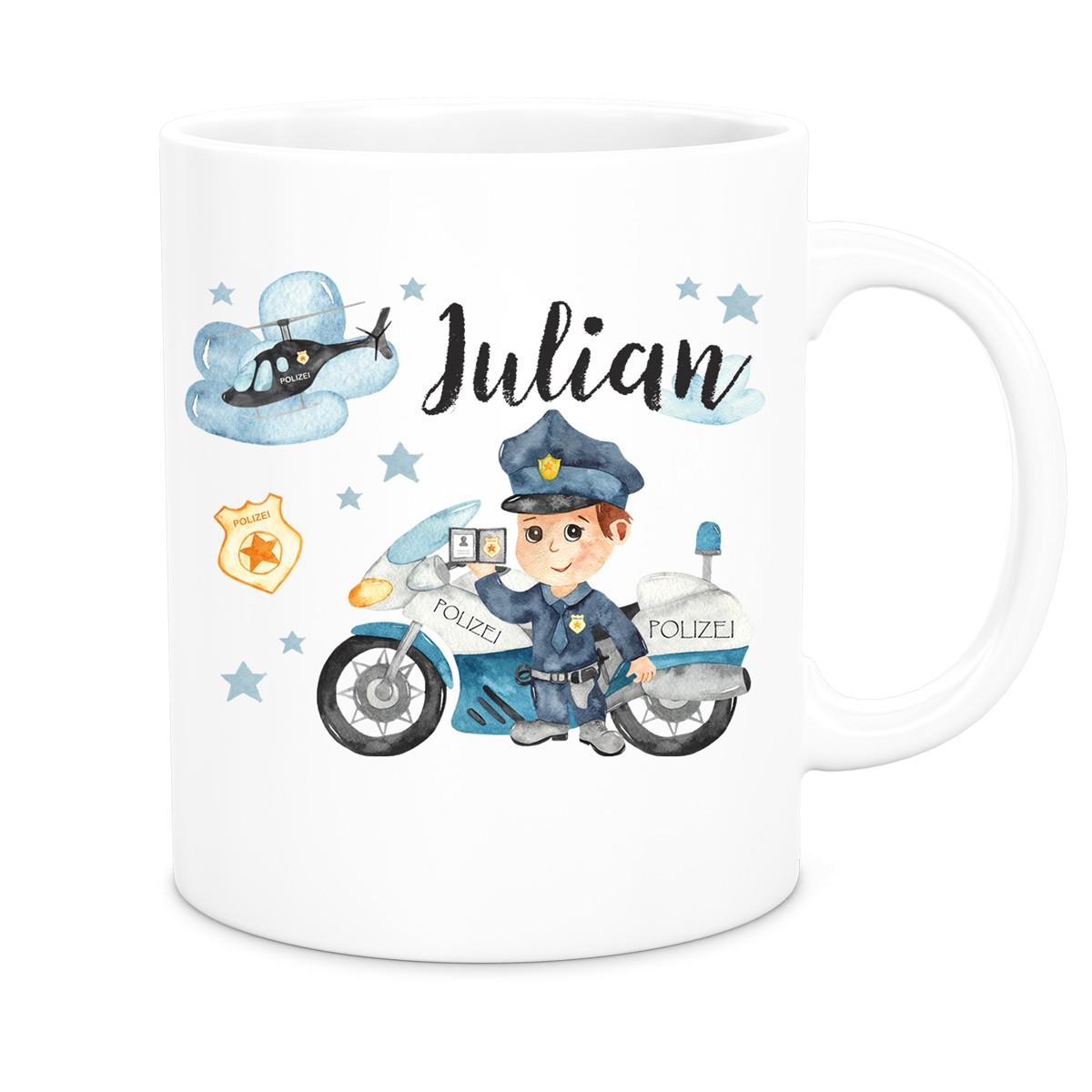 MUCKKI-PRO:6d4da5e114f0c1dfbdcff20b9dd1e4980d0ba1b35002ee5c90dacec7b82e02d9:Tasse Polizei 2 Wunschname Keramik Kinderbecher personalisiert versch. Farben