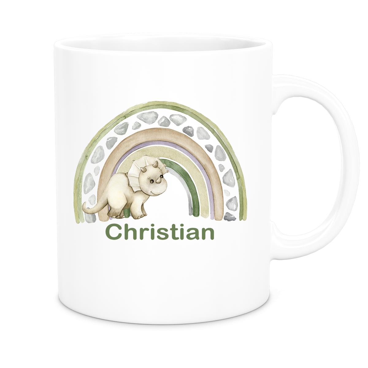 MUCKKI-PRO:b1b46df46077acdea69f511e4f6608fb908350959457f90984b55de0b81cbf05:Tasse Wunschname Regenbogen-Dino Keramik Kinderbecher versch. Farben