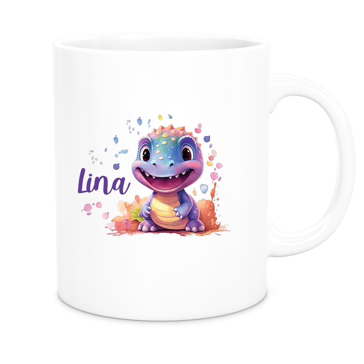 MUCKKI-PRO:d0bb35d570ccaf2847e288d53158cf8655ecb495fbe907b2b8d07ff5bff04bf7:Tasse Dino 9 Wunschname Keramik Kinderbecher Personalisiert versch. Farben