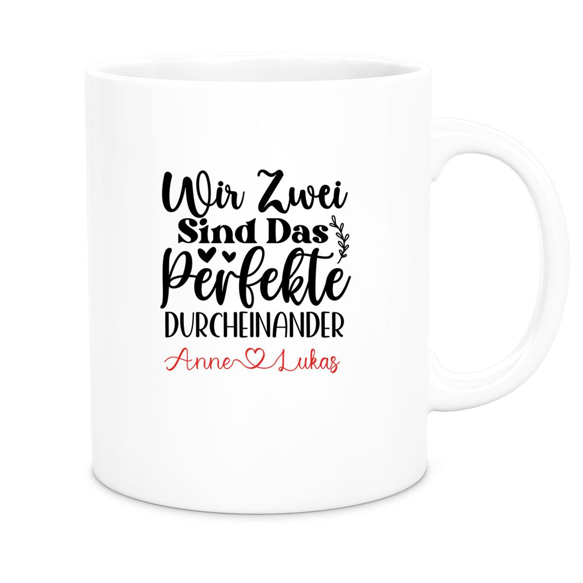 MUCKKI-PRO:9d6e88b81a8087a9ca6e785e8563f133600f93baeace3801b391e4bd4b42e074:Tasse Liebe - "Wir Zwei sind das perfekte Durcheinander" Valentinstag Wunschnamen Keramik personalisiert versch. Farben