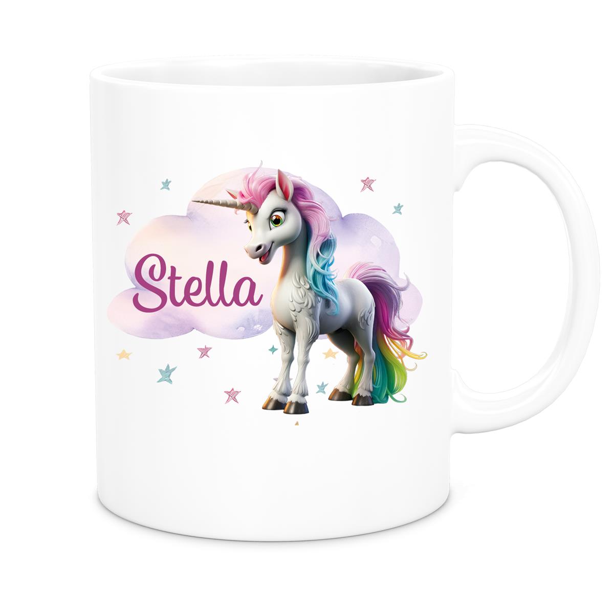 MUCKKI-PRO:622f29d5d2a053239520f78677d99fd56ecaeff1bacde714b96ac0f70fb088ca:Tasse Einhorn Wolke 4 Wunschname Keramik Kinderbecher personalisiert versch. Farben