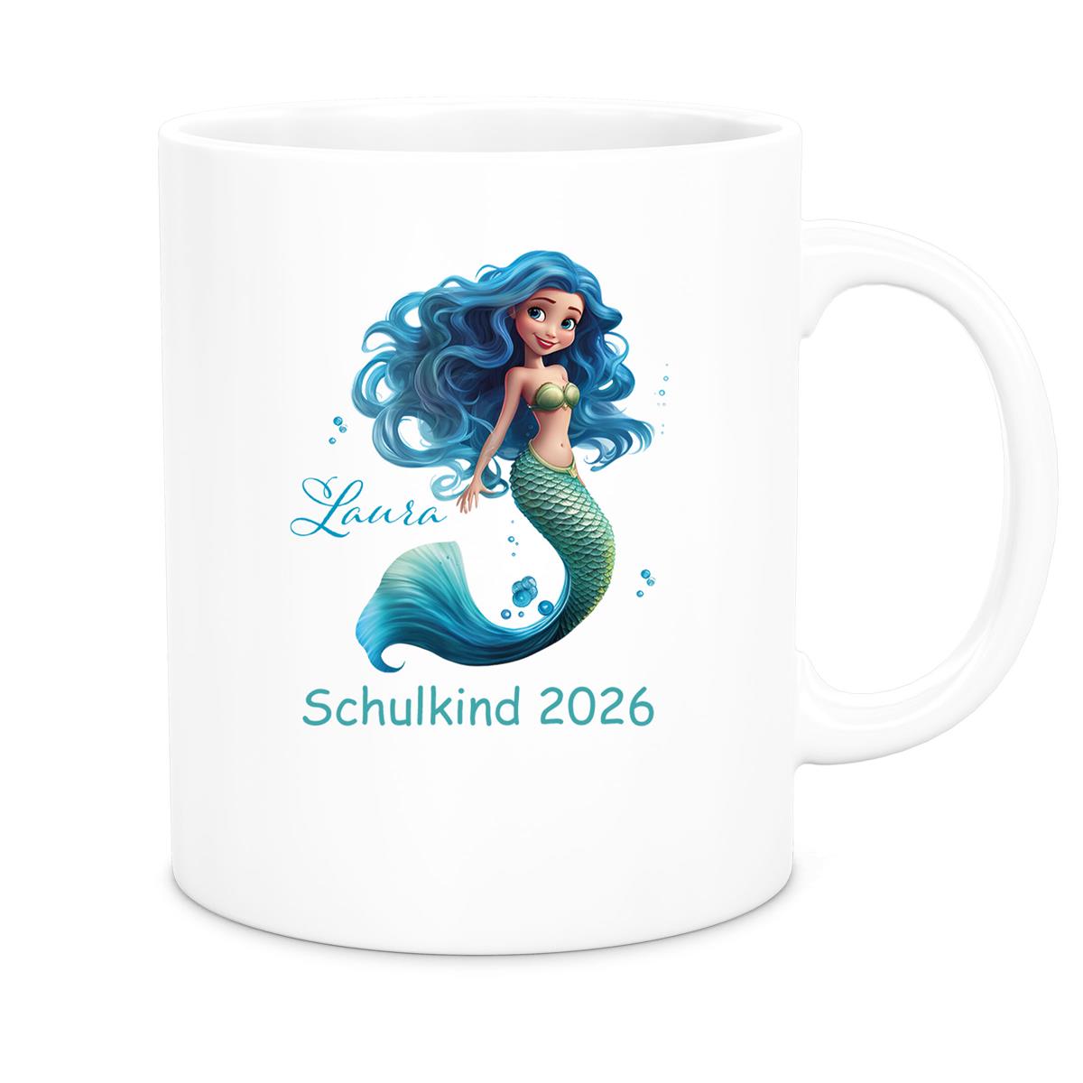 MUCKKI-PRO:149d56c904bded3a7e89075d6772b200b92b96be58165e391d6421c114b3a452:Tasse Schulkind 10 Wunschname Meerjungfrau 1 Keramik Kinderbecher Personalisiert versch. Farben