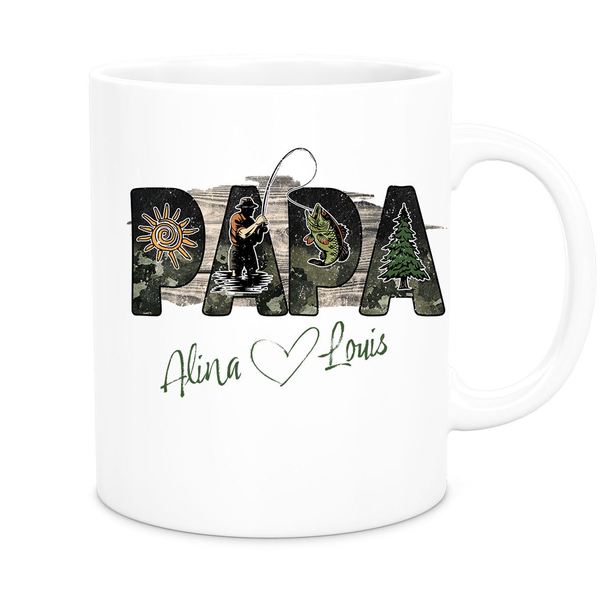 MUCKKI-PRO:734d065eb595438bd6e7fd8c4d91340b67054675563d7b8e2b34f64bf32d7aed:Tasse Vatertag 6 "Angler" Wunschnamen Keramik Personalisiert versch. Farben