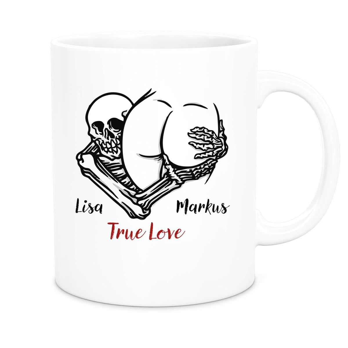 MUCKKI-PRO:6af7810e8cd90dadd19751c51dcaabcca2c527476ba55f9d11d0410524e35fe1:Tasse Totenkopf True Love Valentinstag 7 Wunschnamen Keramik personalisiert versch. Farben