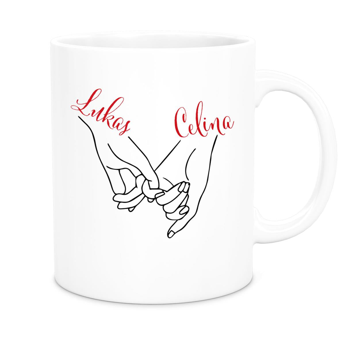 MUCKKI-PRO:2354c4f9325548cf61a9f349bb2efb666b7533a30c19deaefaf23a04dd737735:Tasse Hände Valentinstag 5 Wunschnamen Keramik personalisiert versch. Farben
