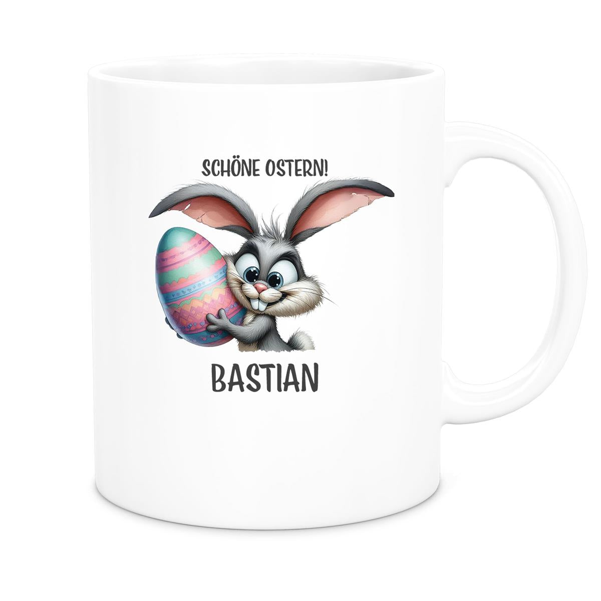 MUCKKI-PRO:db060e7d460537573701d200473ddd116e564a04b2b7104ca2742bd089cac990:Tasse Ostern - Hase 5 Wunschnamen Keramik personalisiert versch. Farben
