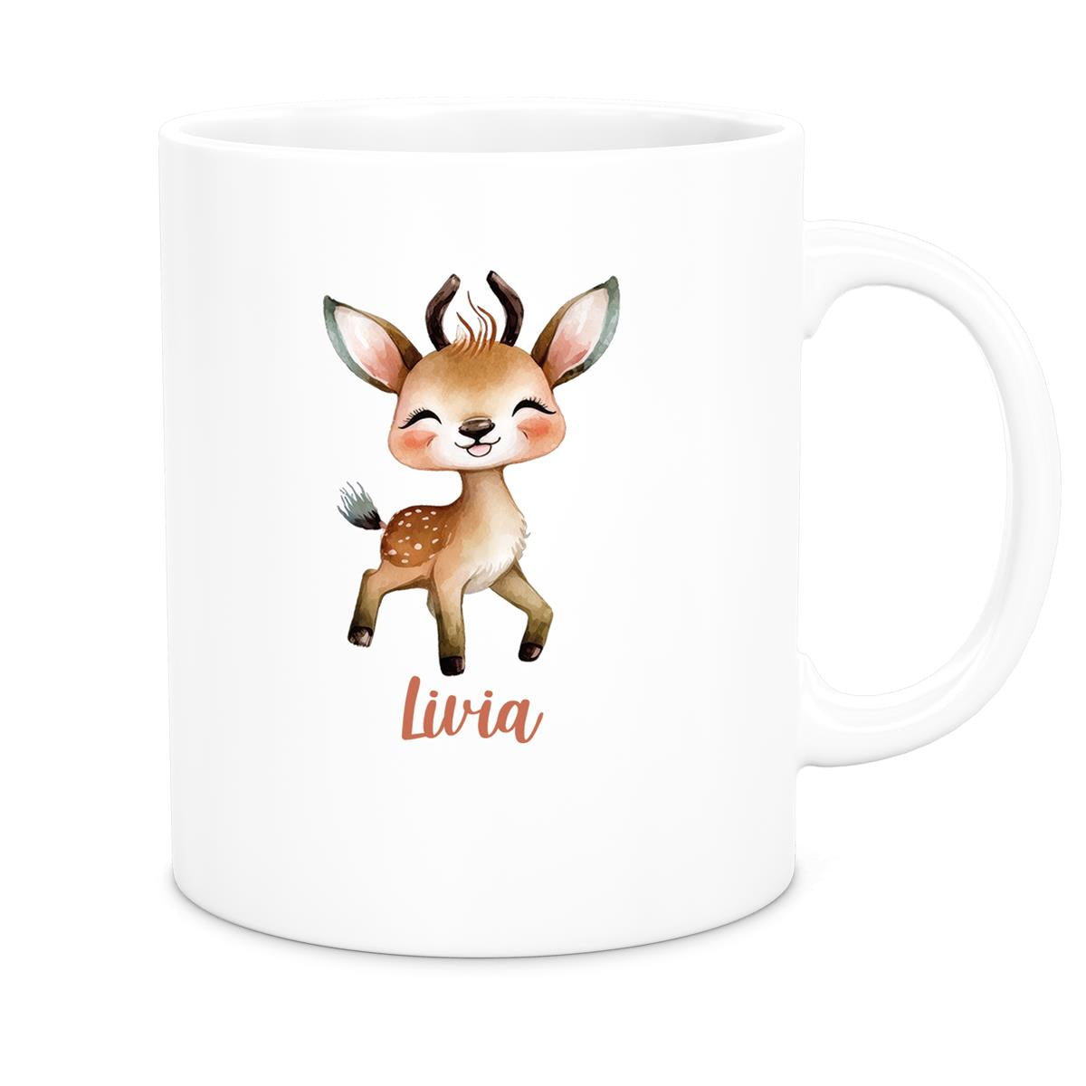 MUCKKI-PRO:a50e9346a62a96c63fb3104d42a8435949282d810a44a100fdf8f89769043ef7:Tasse Wunschname Reh 1 Keramik Kinderbecher versch. Farben