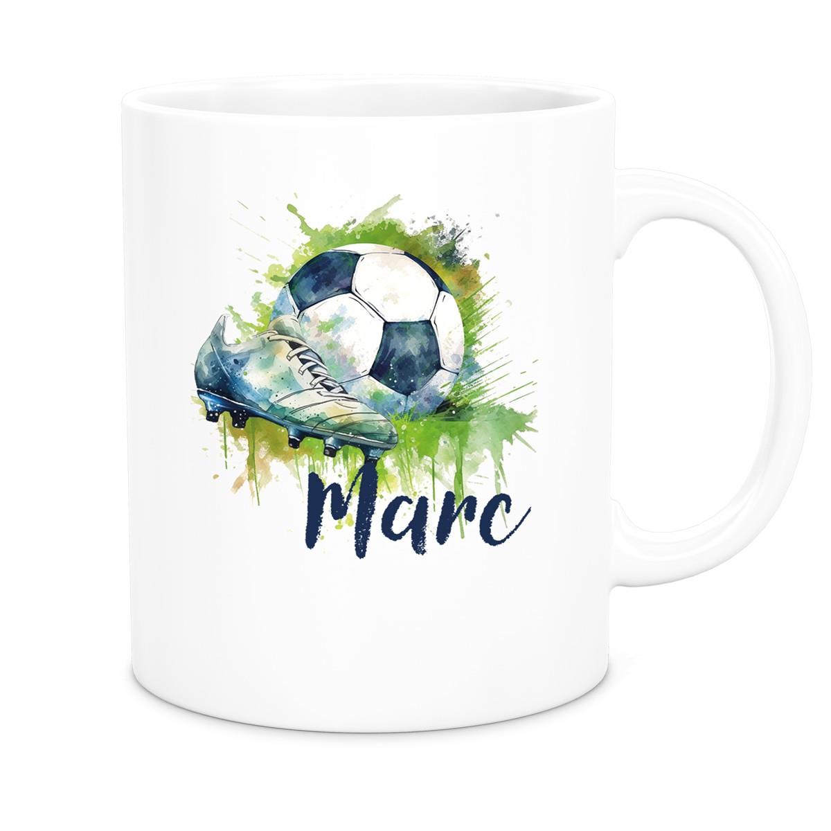 MUCKKI-PRO:1afddaefc5b270c8644c2533cf328441744f97efe6512e96d8c23dad6e66c19d:Tasse Fußball 4 Wunschname Keramik Kinderbecher personalisiert versch. Farben