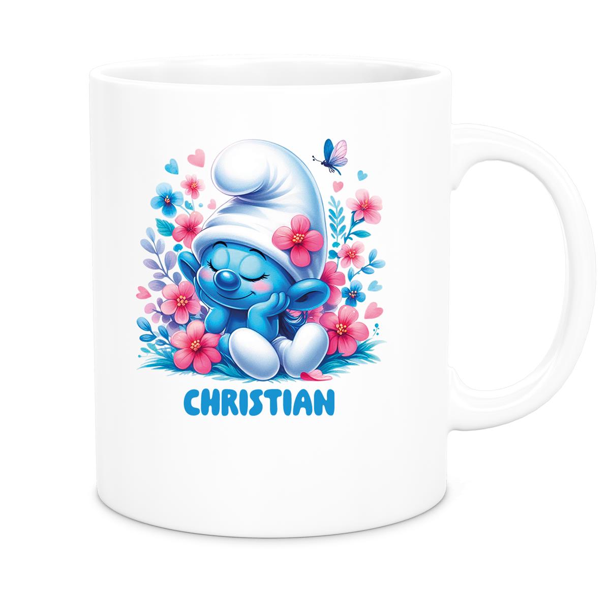MUCKKI-PRO:38c1562bd5c7c8db3d30db861a7ce1bd879b575aa84a3e43787c042de233e0a3:Tasse Kinder Schlumpf 1 mit Blumen Wunschname Keramik Kinderbecher personalisiert versch. Farben