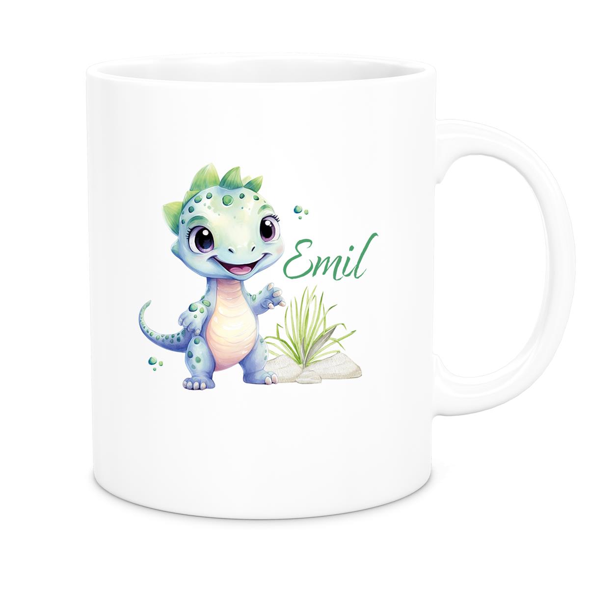 MUCKKI-PRO:22aa81889cf804334fe3607f054cf3eaec3219b44155184c6d065974a3bef33b:Tasse Dino 14 Wunschname Keramik Kinderbecher Personalisiert versch. Farben