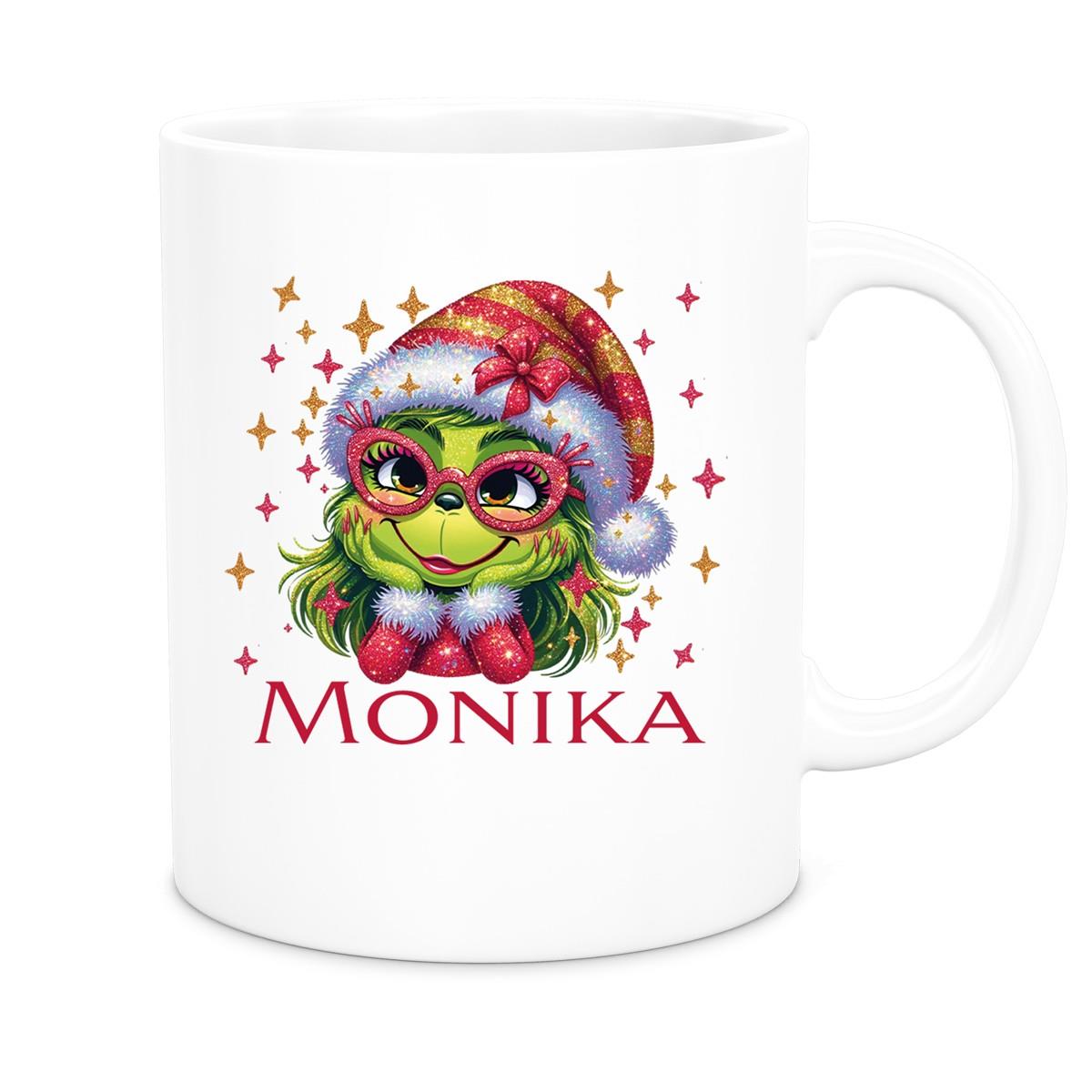 MUCKKI-PRO:62585e329b954c7a2cc0123509c8b0b96949cb455a4c019637061e81620cd725:Tasse Wunschname Weihnachten Lady-Grinch 1 Keramik Kinderbecher versch. Farben