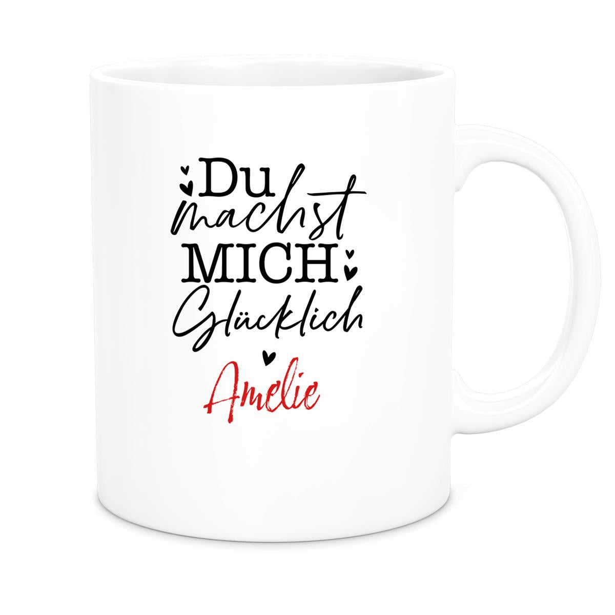 MUCKKI-PRO:d7078e076a18ff21e66ae945d13b70fc0ca798b4f65d1e501b83f2cb7f90db1b:Tasse Liebe - Spruch "Du machst mich glücklich" Valentinstag Wunschnamen Keramik personalisiert versch. Farben