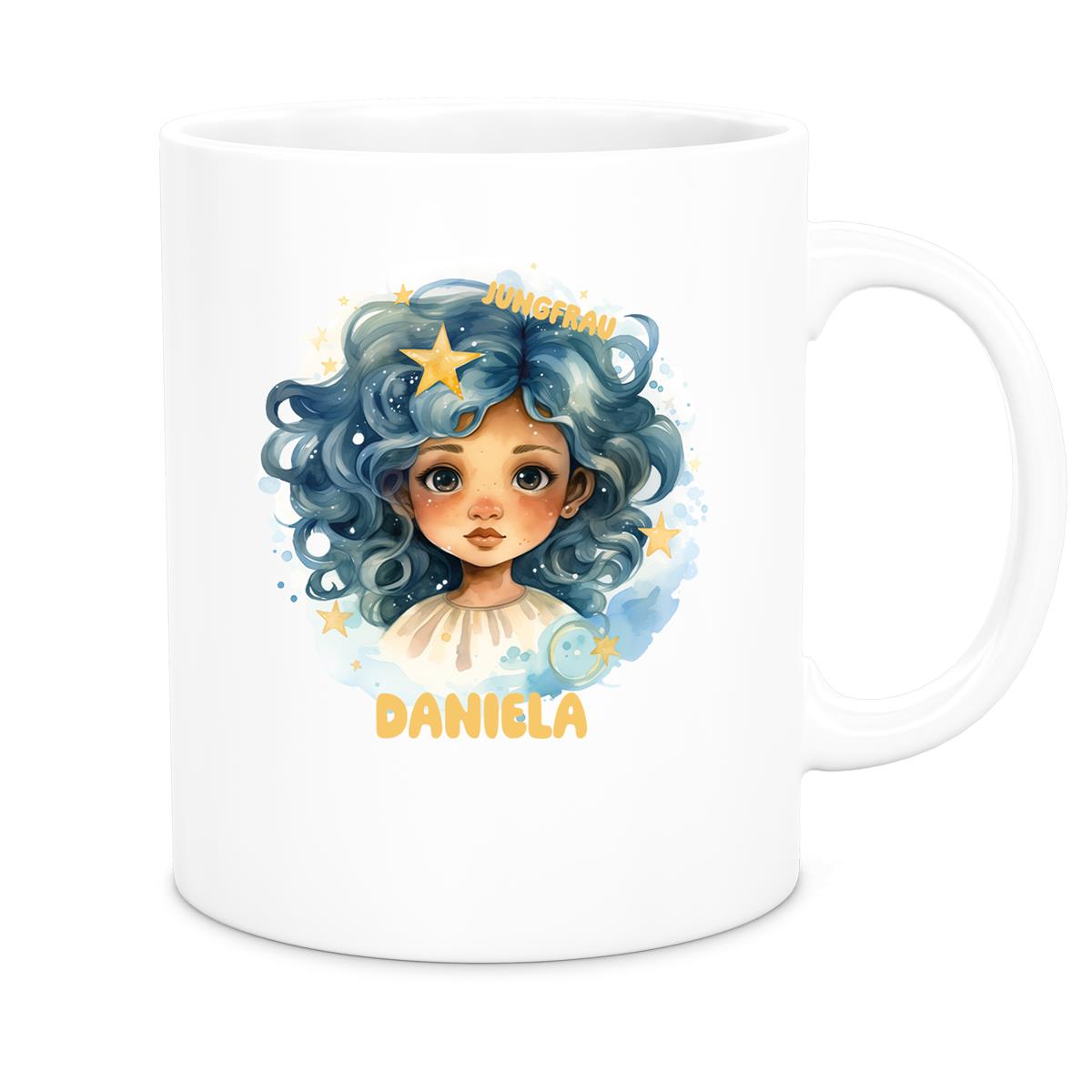 MUCKKI-PRO:1a717accd4420be30cf196c5450a9420138772e7dff6745c9b804172c9688f53:Tasse Sternzeichen Kinder Jungfrau 1 Wunschname Keramik Kinderbecher personalisiert versch. Farben