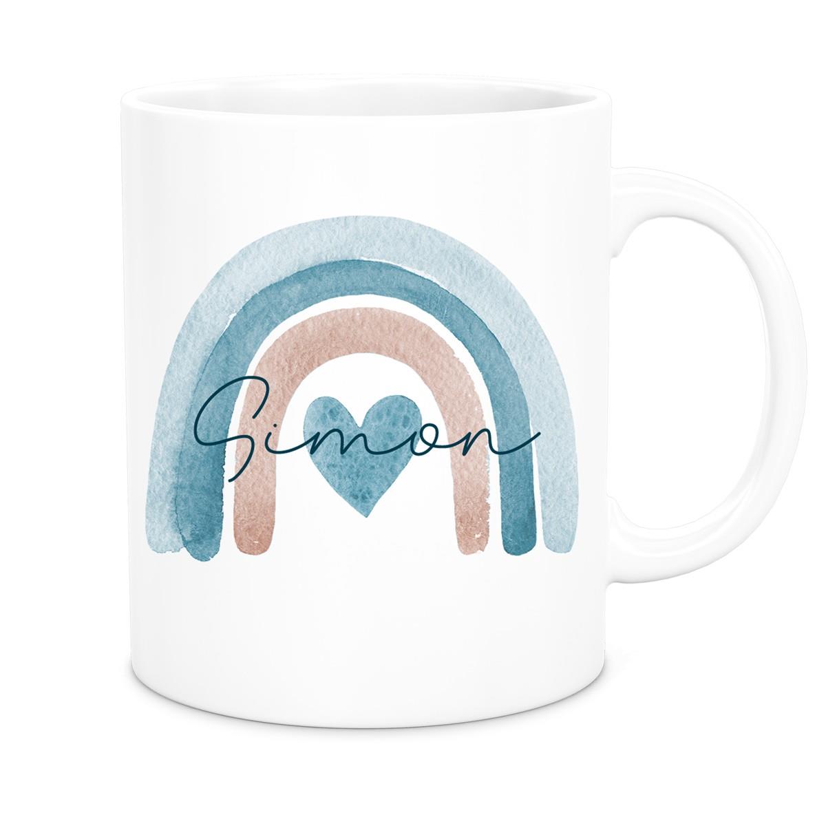 MUCKKI-PRO:8f14831a4c87832e5f4b51a155122386347094a9cd90bb16564df31e4ca19f67:Tasse Wunschname Regenbogen 6 Keramik Kinderbecher versch. Farben