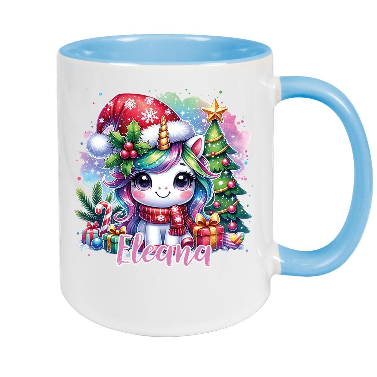 MUCKKI-PRO:0b3fd31ad21be642dce52ae9d08356cd0ee0b41a5a88d718d11a25a07b9b8253:Tasse Wunschname Weihnachten Einhorn 1 Keramik Kinderbecher – Hellblau