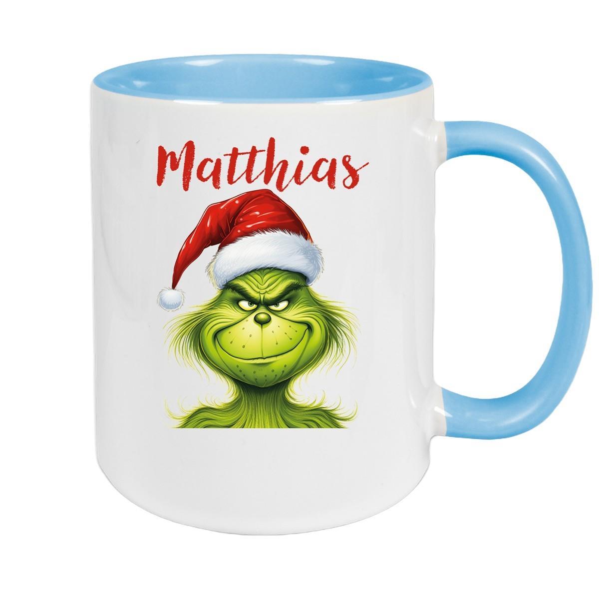 MUCKKI-PRO:c2117f4acbabb24d725a63c43596486083ee01671b21e8593f239fdc133ccae3:Tasse Wunschname Weihnachten Grinch 3 Keramik Kinderbecher – Hellblau