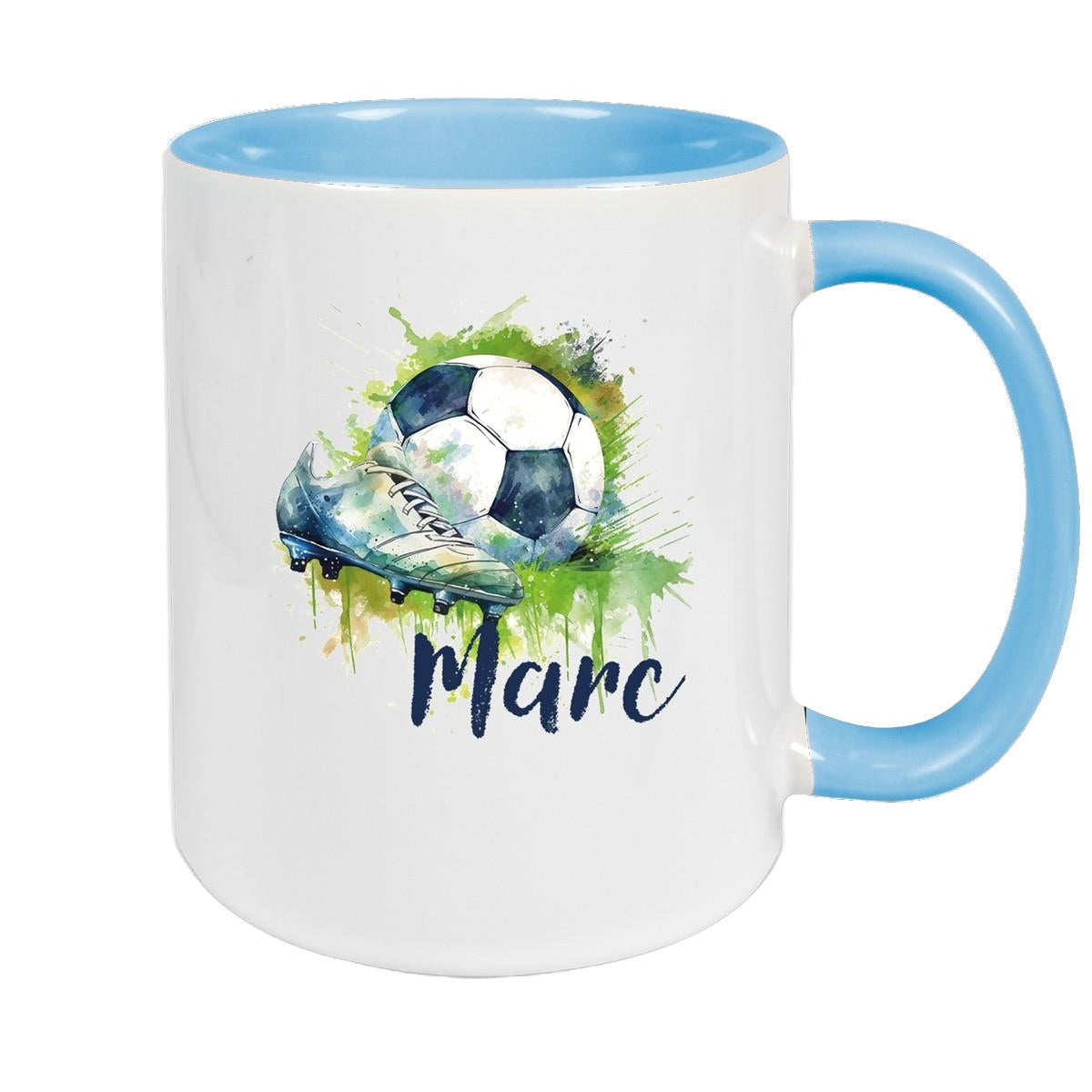 MUCKKI-PRO:266e223c4e464f508679a16c5bb874a813822f897e8c40693f8e159caba49c4b:Tasse Fußball 4 Wunschname Keramik Kinderbecher personalisiert – Hellblau