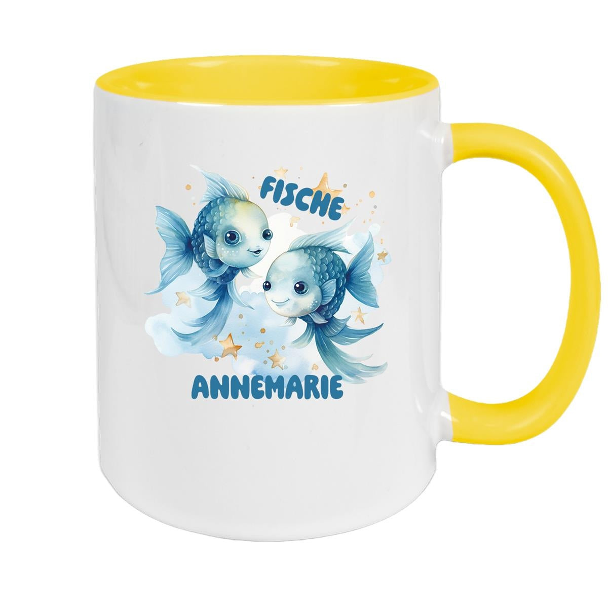 MUCKKI-PRO:1f49a08f59a59d1110dddaa3ac3e190979911426cbdc53463581af33b19f2cbf:Tasse Sternzeichen Kinder Fische 1 Wunschname Keramik Kinderbecher personalisiert – Gelb