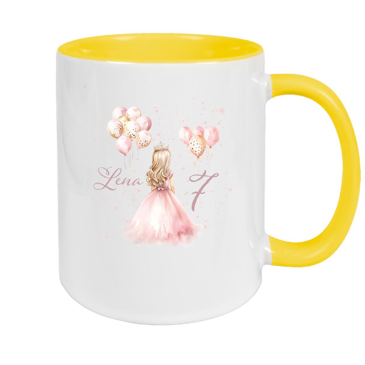 MUCKKI-PRO:7dc8b7ab8573fd4559943cd5e50b77006b730cc0257e77de7a2856b998385021:Tasse Geburtstag Prinzessin 2 Wunschname Keramik Kinderbecher Personalisiert – Gelb