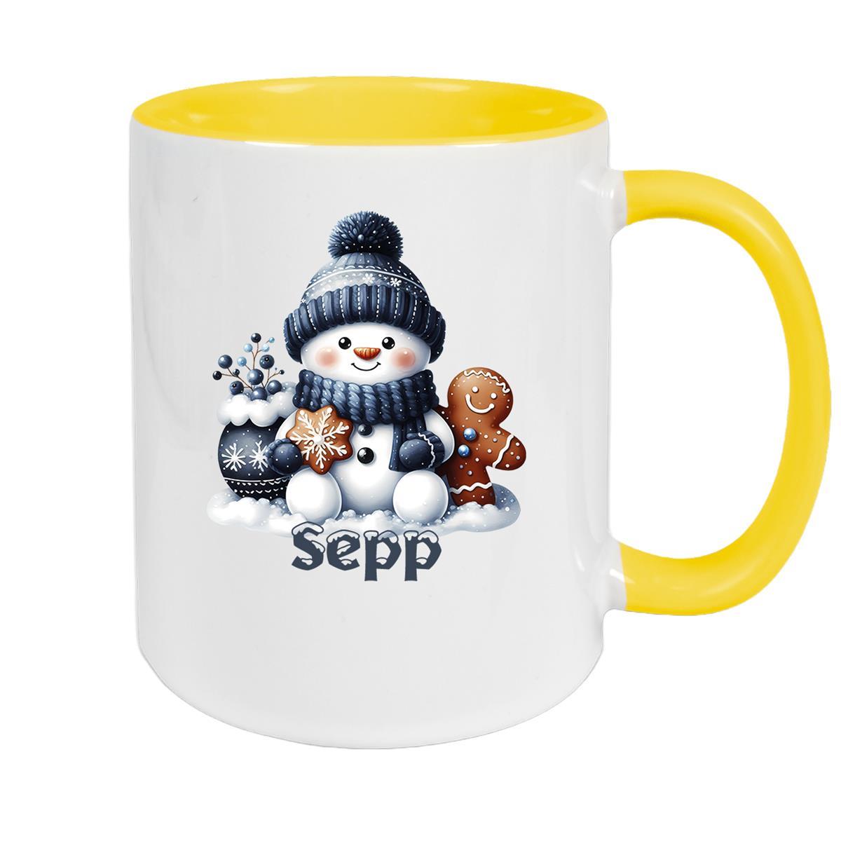 MUCKKI-PRO:21f0453faab771ee67a1d442f30359c2150dc0f7d5459e151394ba58630876c3:Tasse Wunschname Weihnachten Schneemann 4 Keramik Kinderbecher – Gelb