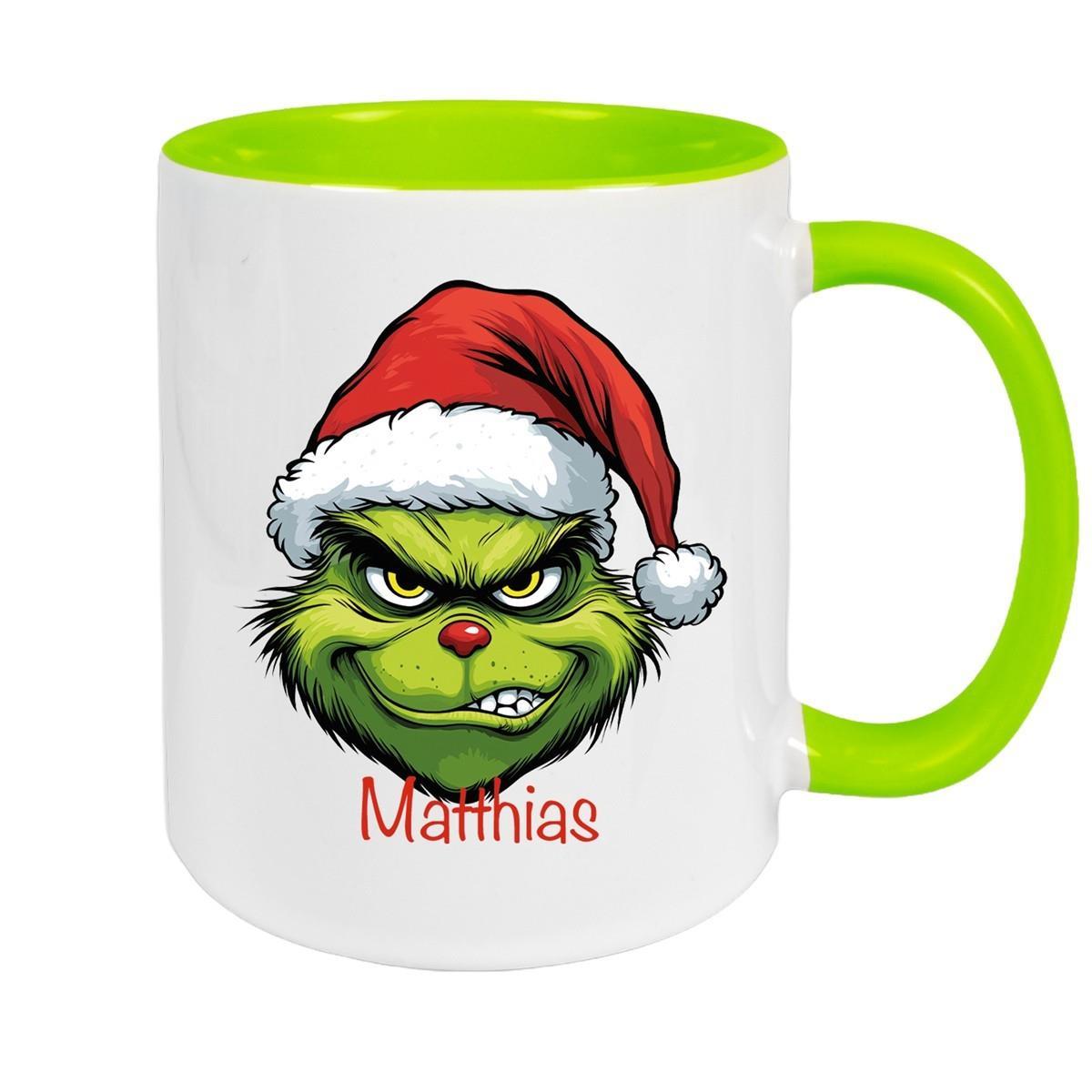 MUCKKI-PRO:5345b60e12cd4046b13cc1861be2400a59a37494c0371e29c4083dc9d54877ab:Tasse Wunschname Weihnachten Grinch 9 Keramik Kinderbecher – Grün