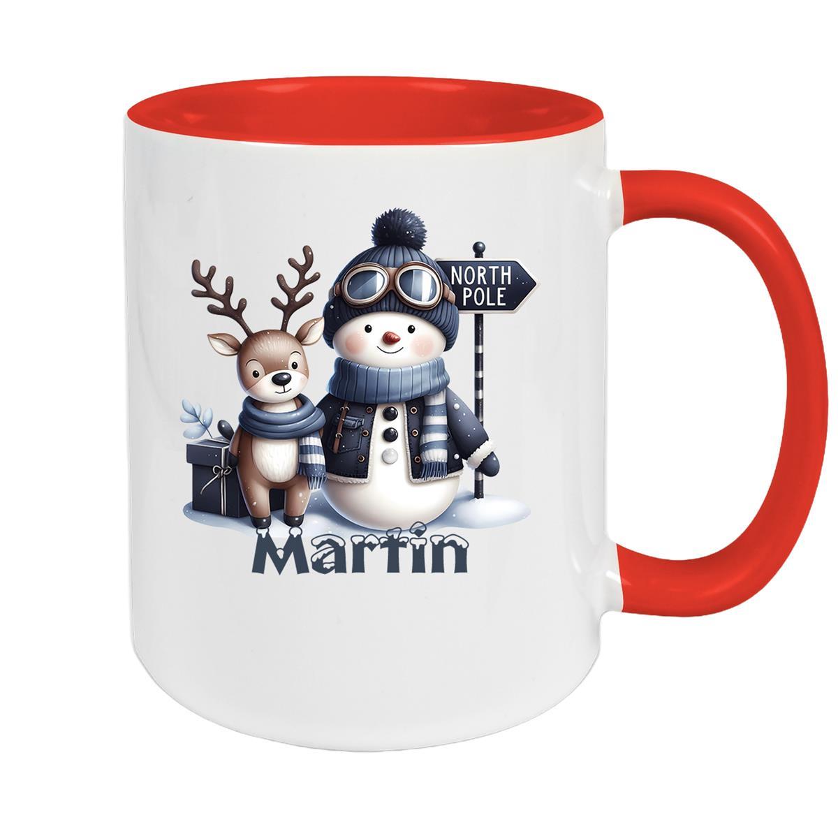 MUCKKI-PRO:9bbf947cec3f4686f119c8d50e66aa7956d97abae6f93d64042344868b9dfdf3:Tasse Wunschname Weihnachten Schneemann 5 Keramik Kinderbecher – Rot