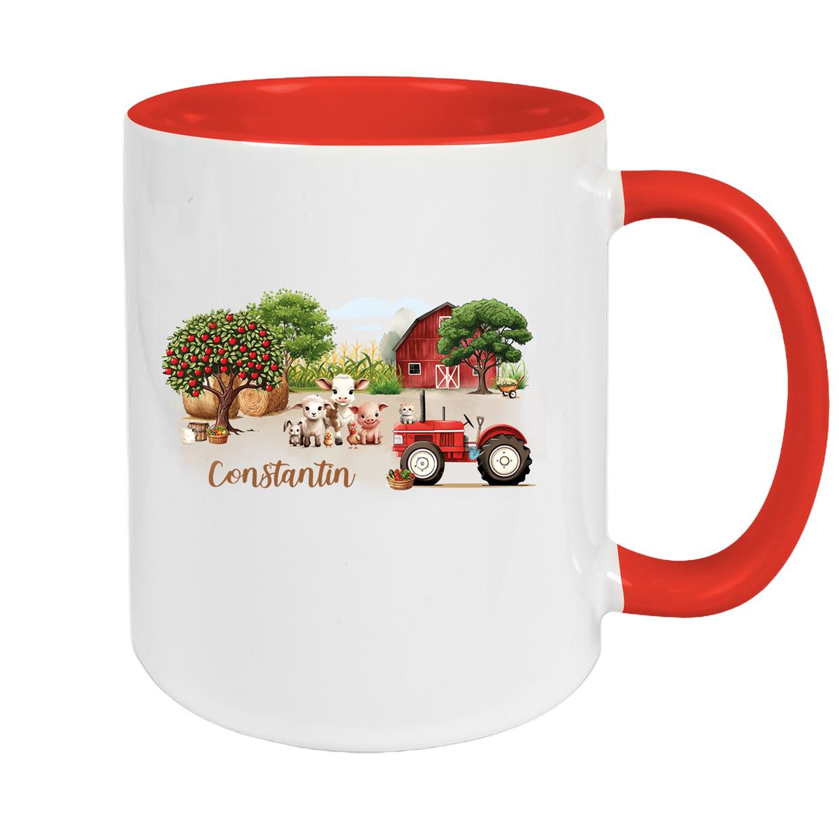 MUCKKI-PRO:01bff83326c8367f30d927eebd59f3bfacabdfbe1030c1d3a106edbd97db821f:Tasse Wunschname Bauernhof 1 Keramik Kinderbecher personalisiert – Rot
